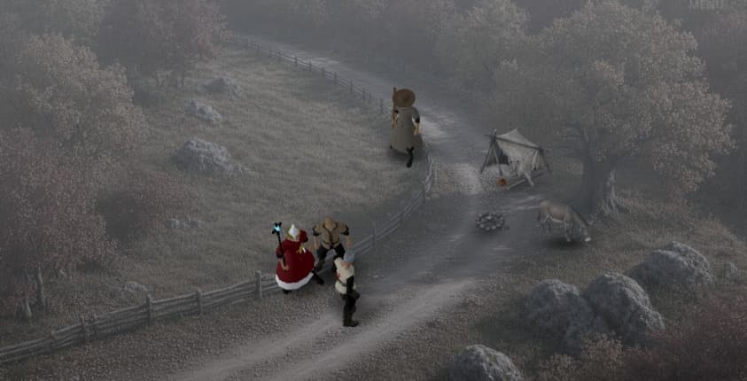 Development view of a foggy dirt road beside a wooden fence, with figures including one in red, a tent, and a horse among rocks and trees.