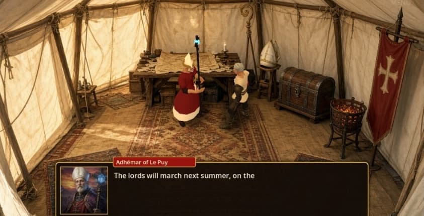 Development view inside a command tent. The dialogue names Adhémar of Le Puy: The lords will march next summer, on the.